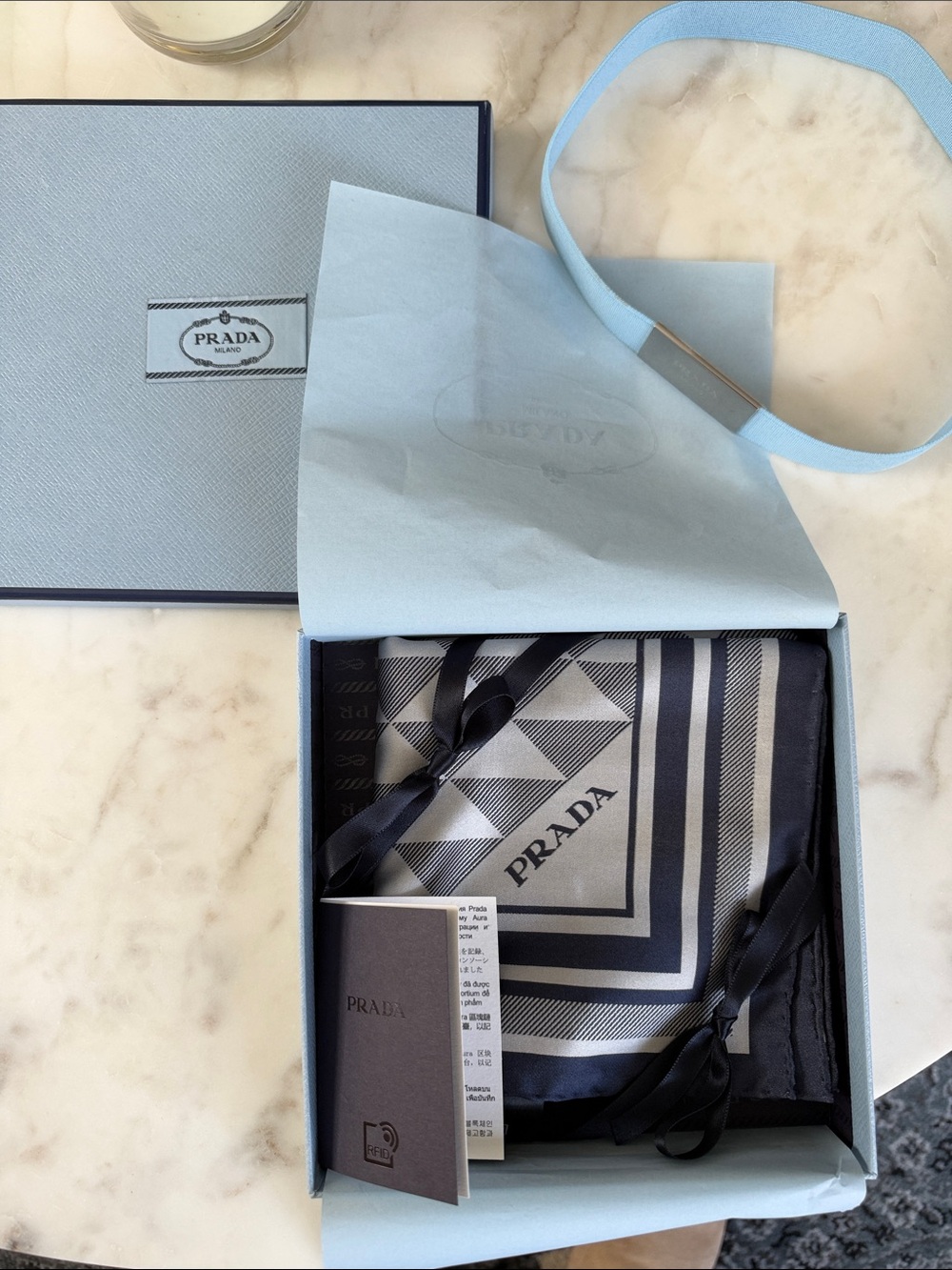 Prada Navy & Cream Striped Silk scarf